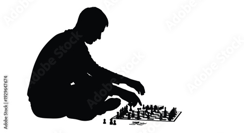 Silhouette vector graphic illustration of a focused person playing a strategic game of chess against themself