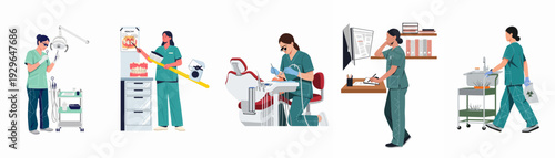 Dentistry professionals performing patient care, oral hygiene education, clinic procedures, and office tasks, showcasing modern dental practice.