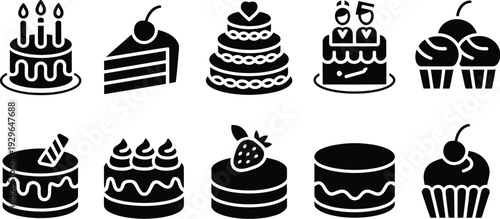Black and white cake icons for baking and dessert design