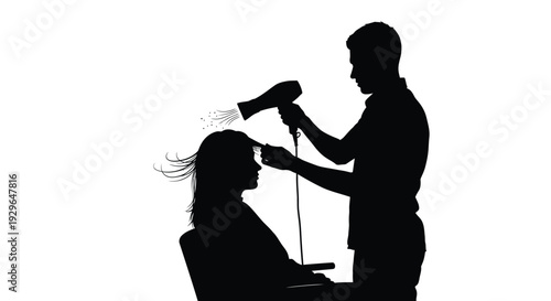 Silhouette vector illustration of a hairdresser skillfully blow drying a client's long flowing hair