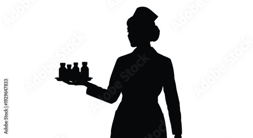 Silhouette vector illustration of a nurse in uniform holding a tray with medicine bottles offering care.