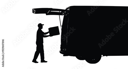 Graphic design featuring a silhouette of a delivery man with a package near an open van
