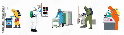 Specialized teams in hazmat suits engaged in chemical, biological, and radiation safety, research, and decontamination processes across multiple laboratory settings.