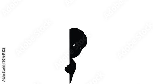 Silhouette graphic design of a curious child peeking from behind a stark white vertical panel