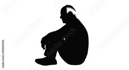 Vector graphic illustration of an isolated older man's silhouette sitting on the ground with white hair