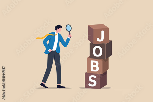 Businessman searching for employment opportunities using a magnifying glass on a stack of blocks.