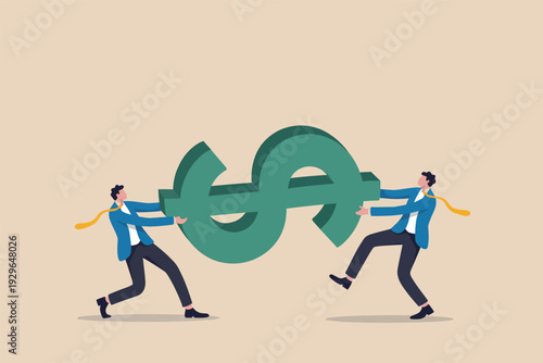 Two businessmen in suits pulling a large green dollar sign in opposite directions.