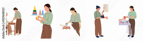 Comprehensive Occupational Therapy: Illustrating Diverse Rehabilitation Exercises, Fine Motor Skill Development, Cognitive Engagement, and Daily Living Assistance for Patients and Elderly Care.