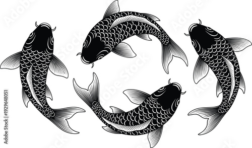 Black and white koi fish silhouettes, Japanese carp vector illustration, swimming fish set, oriental zen art isolated on white background