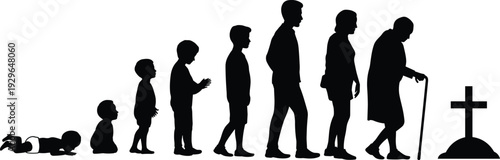 Human life cycle evolution silhouette flat vector illustration showing aging stages from baby to childhood adulthood old age and death,