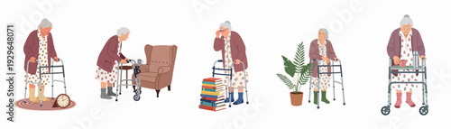 Elderly Woman Using a Walker in Various Daily Activities, Illustrating Aging, Independence, and Home Life Challenges.