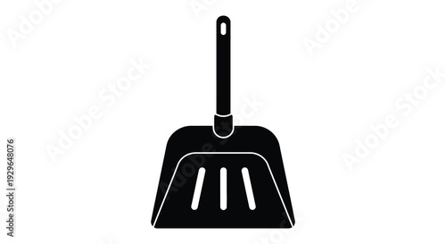 A stark black silhouette of a dustpan with a handle against a white background emphasizing simple form silhouette