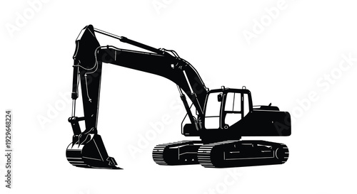 A stark black silhouette of a heavy duty excavator machine showcasing its mechanical power and construction capabilities silhouette high quality