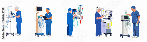 Diverse Healthcare Professionals Operating Advanced Medical Equipment: A Comprehensive Illustration of Critical Care and Patient Monitoring in Modern Hospitals.