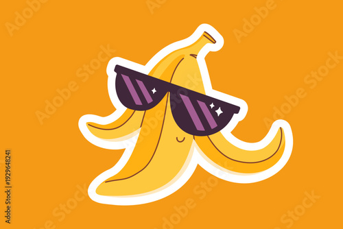 Banana sticker illustration smiling with purple sunglasses on bright orange background playful summer fun quirky character