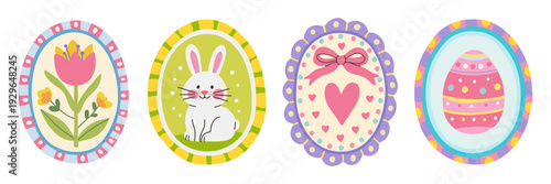 Easter egg frames pastel oval with bunny and spring flowers illustration. Decorative eggs, hearts and bows. Holiday composition in soft pastel colors