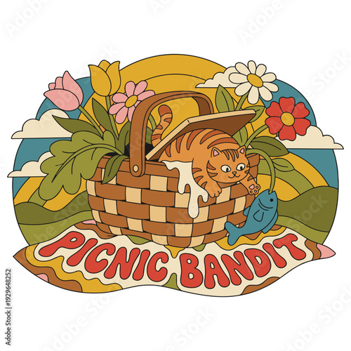 Naughty Picnic Bandit Cat Stealing Fish from Basket Illustration