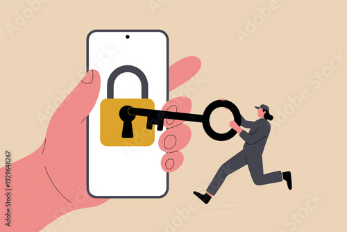 A person trying to unlock a smartphone with a large key representing a cyber security threat.