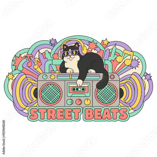 Cool Hip Hop Cat with Headphones and Sunglasses on Retro Boombox