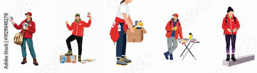 Diverse group of volunteers and community workers distributing information, supplies, and promoting awareness in various outreach activities.