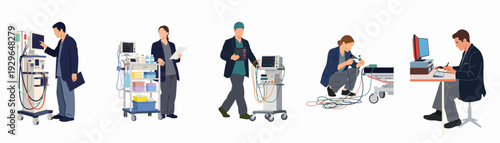 Healthcare professionals interact with diverse medical equipment and technology, depicting various roles in a modern clinic or hospital environment.