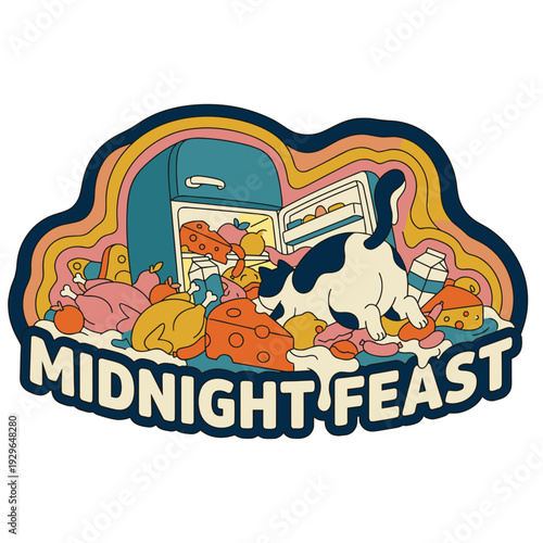 Hungry Cat Raiding Retro Refrigerator for a Midnight Feast