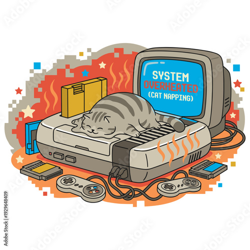 Retro 8-bit Gaming Console with Sleeping Cat and Overheat Warning