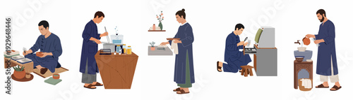 Five detailed illustrations showcasing the preparation and sterilization processes for traditional acupuncture and holistic medicine practices, emphasizing care, precision, and hygiene.