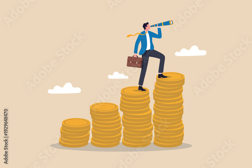 Businessman looking through telescope while standing on top of increasing stacks of gold coins.