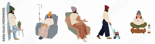 Illustrations of women engaging in self-care, wellness, and recovery activities, showcasing comfort, relaxation, and quiet moments in cozy indoor settings with winter wear.