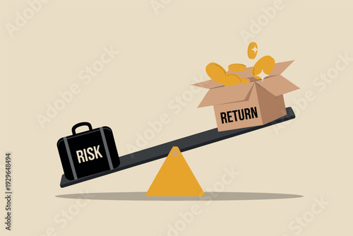 Conceptual illustration of the financial relationship between risk and return on a seesaw