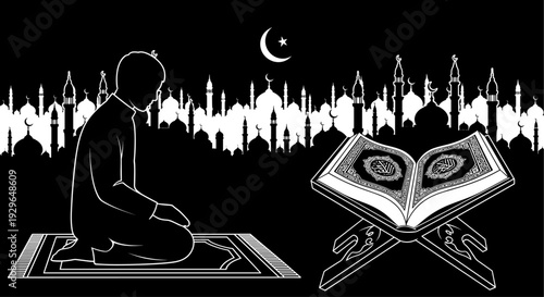 Muslim boy silhouette praying on mat with holy Quran and mosque background for Ramadan Kareem, Eid Mubarak, and Islamic religious celebration,