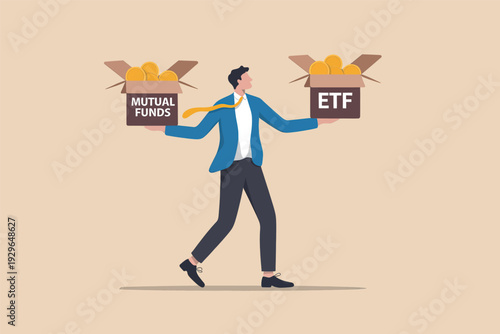 Investor comparing and balancing mutual funds and exchange traded funds for portfolio