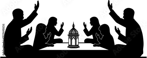 Black silhouette of a Muslim family sitting and praying together around a traditional lantern for Ramadan Kareem or religious Islamic celebration,