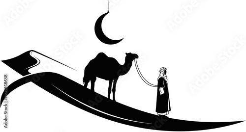 Black silhouette of a Bedouin man leading a camel through desert sand dunes under a crescent moon for Islamic concept,