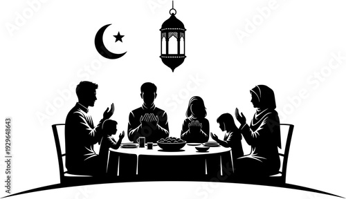 Silhouette of a Muslim family sitting at a table together for Iftar dinner during Ramadan with crescent moon and lantern,