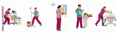 Nurses performing various duties in a hospital setting, including monitoring equipment, administering IVs, record-keeping, and patient care tasks.