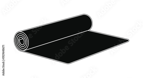 A stark black silhouette of a rolled up yoga mat lying partially unrolled on a white background silhouette high quality