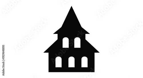 A stark black silhouette of a gothic style house with pointed roof and arched windows depicting a haunted aesthetic silhouette