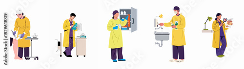 Healthcare professionals performing various medical tasks, including surgery, hygiene, record-keeping, and research in a clinic setting.