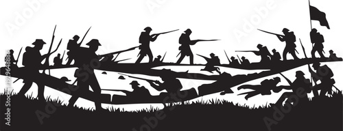 World war soldiers in trenches battle scene silhouette vector illustration line art style