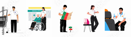 Assistance and care services concept. Illustrations depict transportation, medical support, navigation, scheduling, and passenger comfort, highlighting dedicated service professionals.