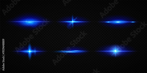 Colorful Star Light Effect Collection with Blue, Golden, and Yellow Glowing Starlight Sparkle Rays and Lens Flare Illumination on Transparent Background
