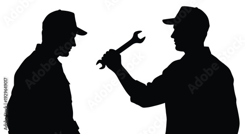 Silhouette graphic illustration of two mechanics discussing a wrench repair tool service