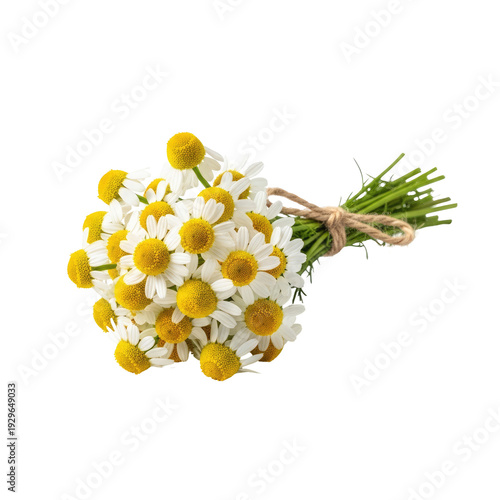 A bunch of white chamomile flowers with yellow centers tied with twine isolated on a transparent background