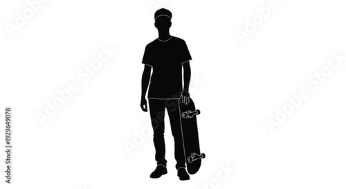 Black and white vector silhouette graphic design of a young male skateboarder standing holding a board
