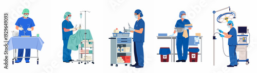 Various Stages of Medical Procedure Preparation by Surgeons and Nurses in a Clinical Setting.
