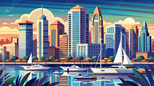 Very beautiful panoramic San Diego Harbor skyline, boats resting along the marina while sleek downtown towers rise gracefully against a clear coastal horizon.