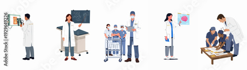 Diverse medical professionals engaged in diagnostics, training, and surgical preparation in a healthcare environment, showcasing teamwork and modern medicine.