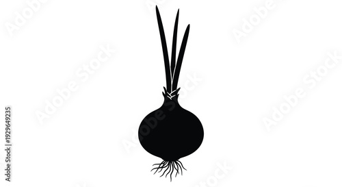 A striking black silhouette of an onion with visible roots and green stalks against a plain white background silhouette